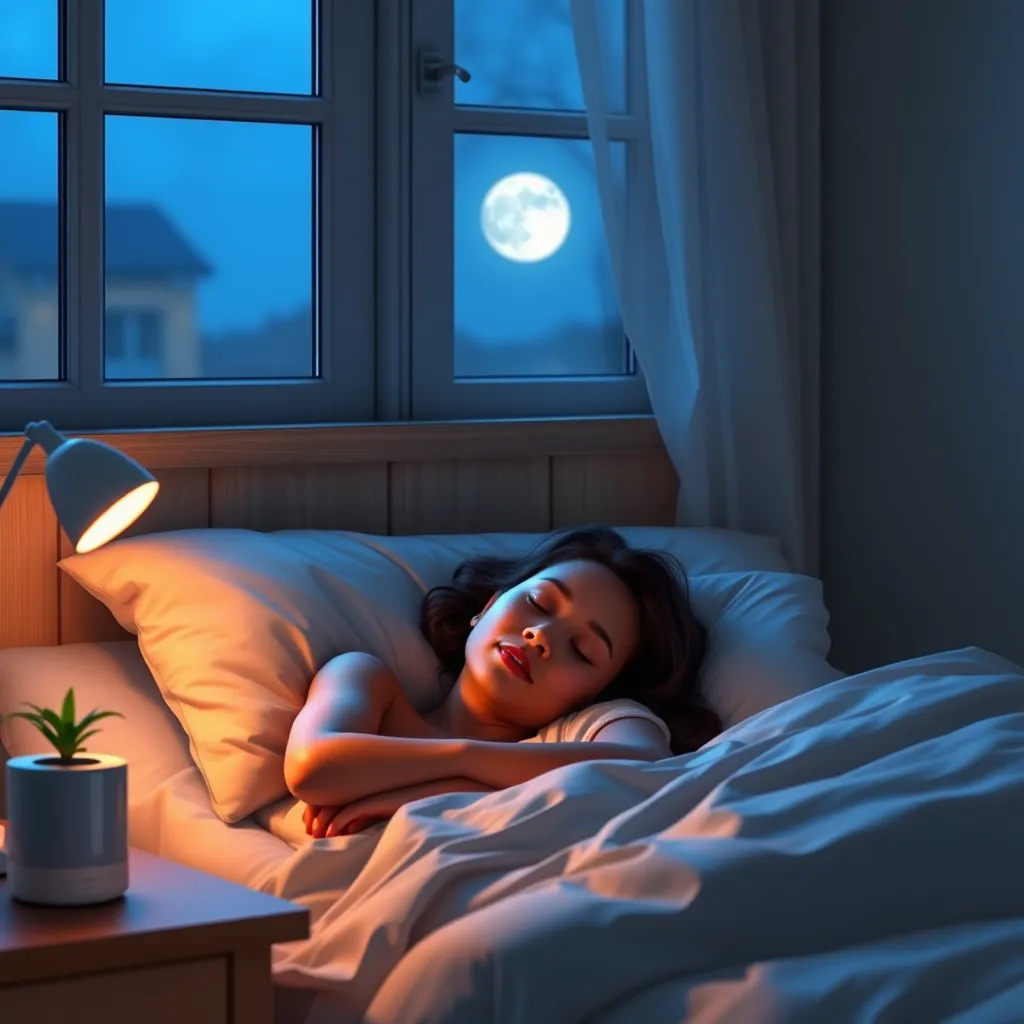 A serene bedroom environment at night, with soft lighting and cozy bedding. A peaceful person sleeping soundly, surrounded by calming elements like a nightstand with a small plant and a calming aroma diffuser. Moonlight filtering through a window.