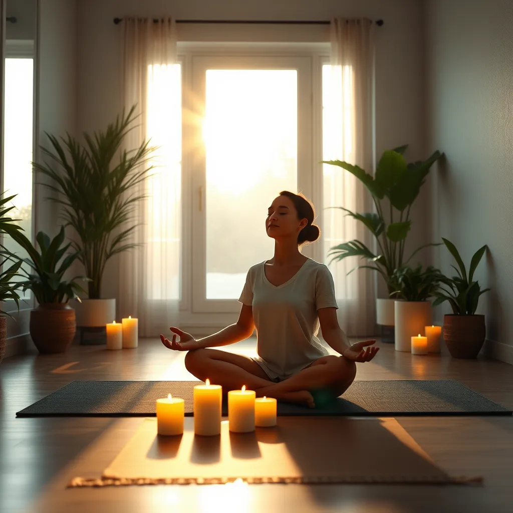 A serene indoor setting with a person sitting cross-legged on a meditation mat, eyes closed, surrounded by softly glowing candles and indoor plants. The sunlight gently filters through a window, creating an atmosphere of tranquility and mindfulness.