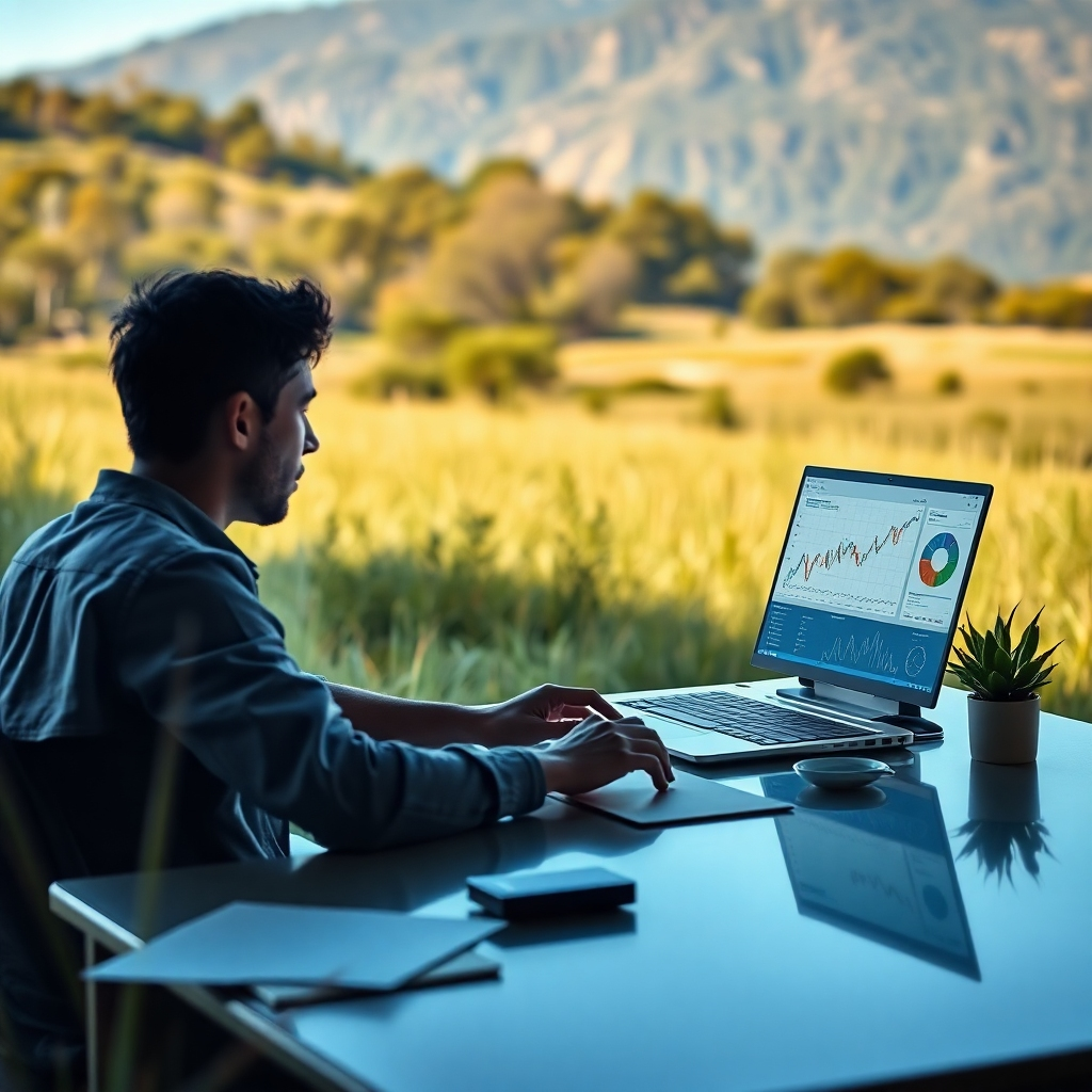 A serene landscape showing a person at a desk, analyzing data on a laptop with graphs and charts on the screen. The scene is set in a natural environment, symbolizing organic growth. Bright daylight enhances the scene, focusing on productivity and calmness.