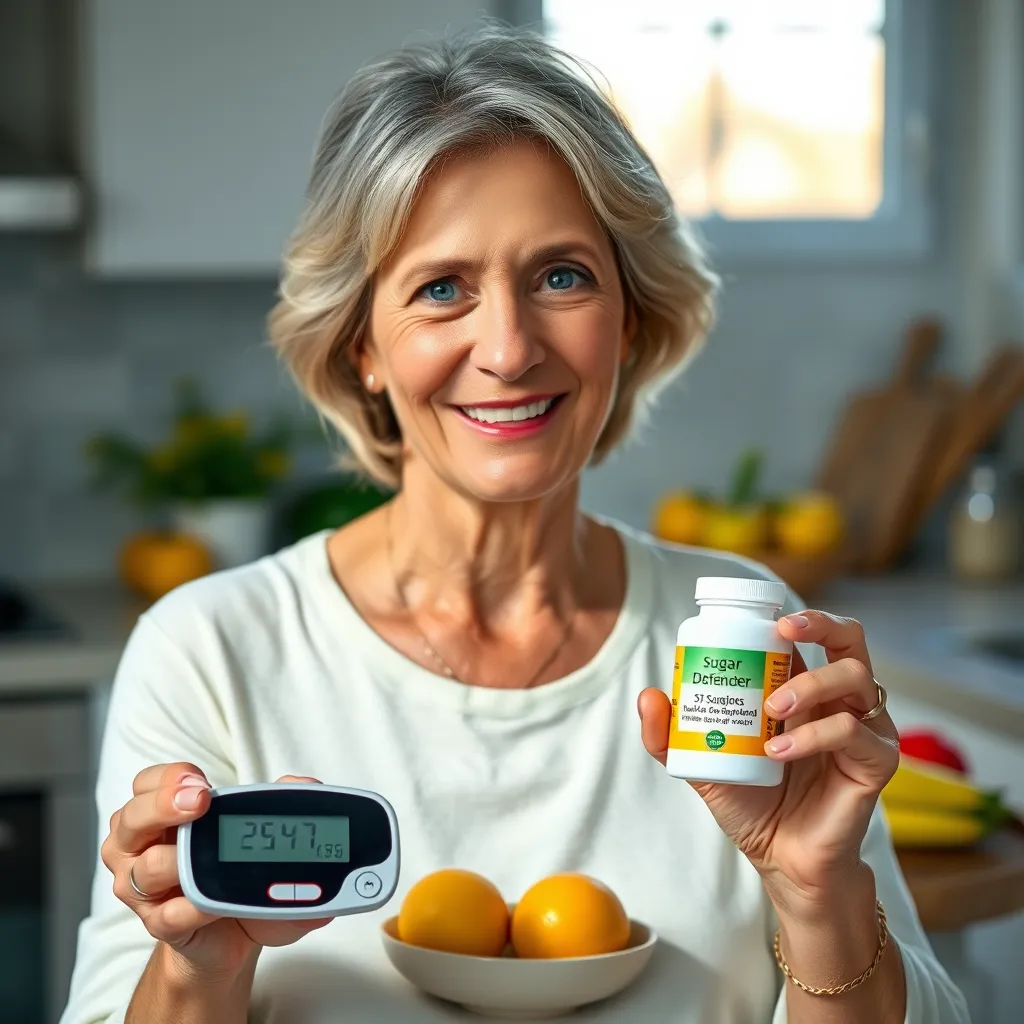 A serene middle-aged woman with a confident smile holding a small pill bottle labeled 'Sugar Defender' next to a digital blood sugar monitor displaying a stable reading. The background features a sunny kitchen setting with fresh fruits on the counter, symbolizing health and balance.