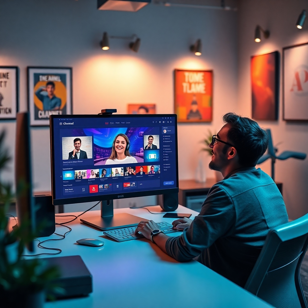 A serene office environment with a person happily using a computer to create a TV channel. The screen displays an intuitive interface with colorful graphics, showcasing channel creation tools. Soft lighting and motivational posters enhance the atmosphere.
