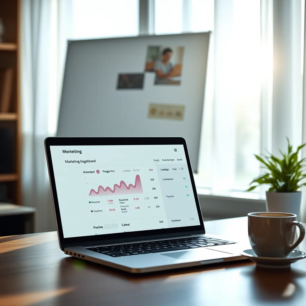 A serene office space with a laptop open to an email marketing dashboard, displaying automated engagement stats. Soft morning light filters through the window, indicating a peaceful awakening, while a coffee cup sits beside the laptop, conveying the feeling of efficiency and ease.