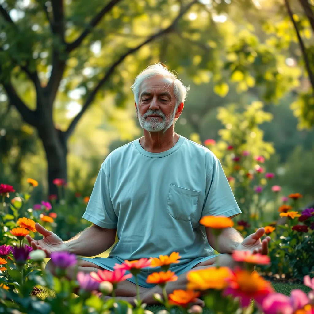 A serene outdoor scene featuring a middle-aged person meditating in a lush garden with vibrant flowers, symbolizing age-defying mental clarity. Sunlight filters through the trees, creating a tranquil and rejuvenating atmosphere, representing clarity and peace of mind.