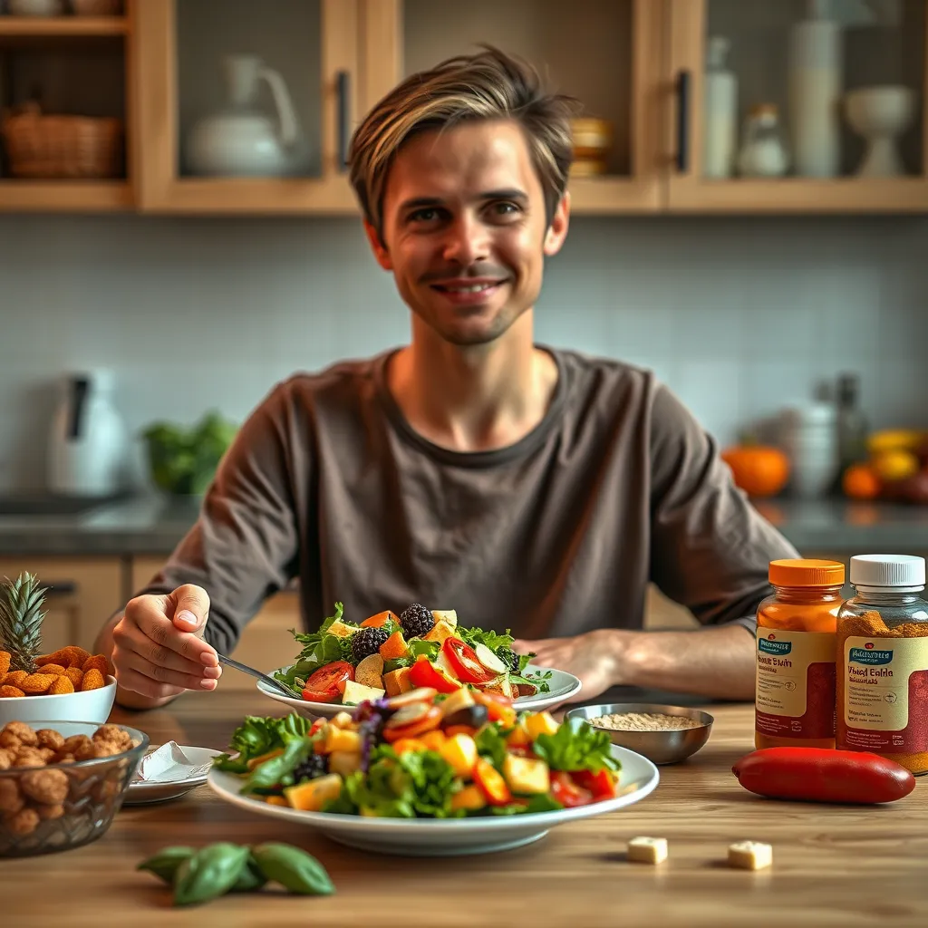 A serene photorealistic image of a person at a kitchen table, choosing a healthy salad over a plate of sugary snacks. The person looks satisfied and in control. Kitchen setting with fresh vegetables and nutritional supplements visible.