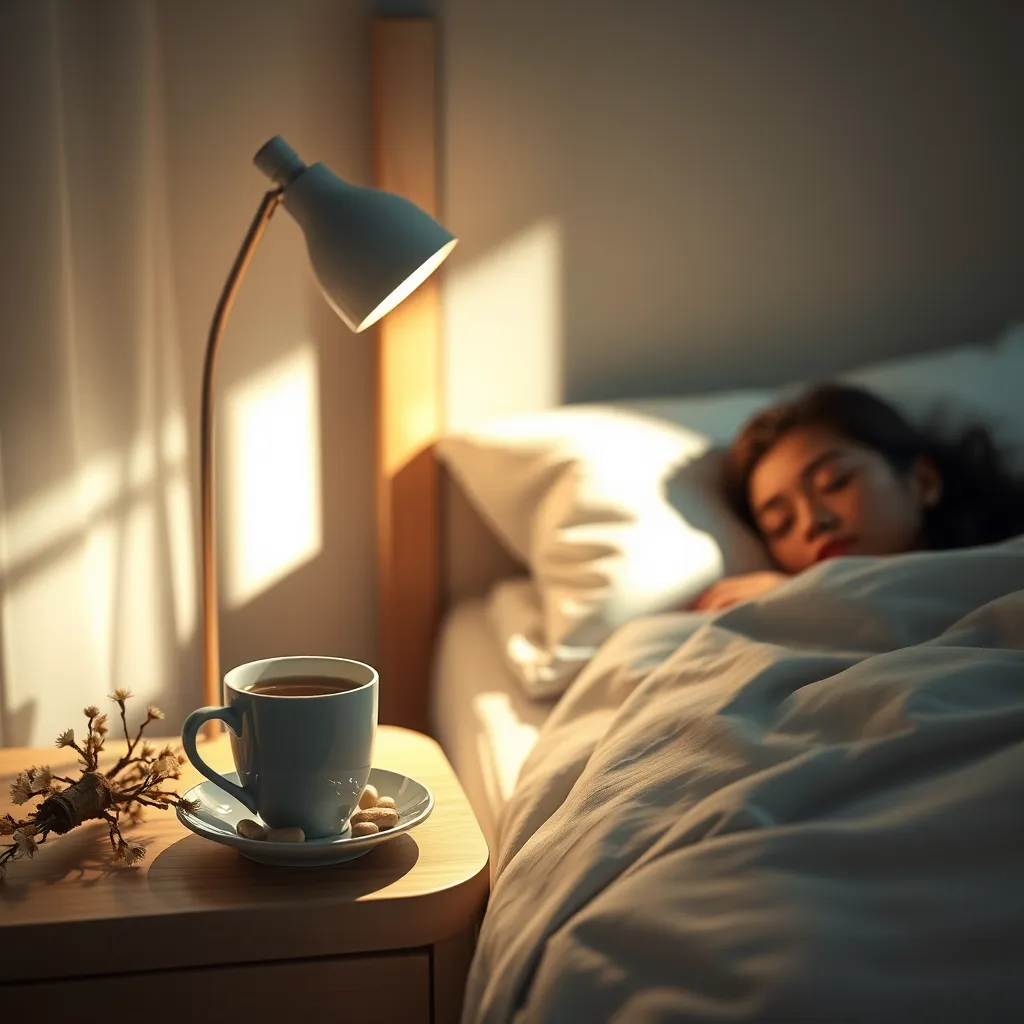 A serene setting with a cozy, softly-lit bedroom, featuring a bedside table with a cup of chamomile tea and valerian root capsules. Soft shadows are cast by gentle moonlight illuminating a peaceful sleeping figure. The atmosphere conveys tranquility and relaxation.