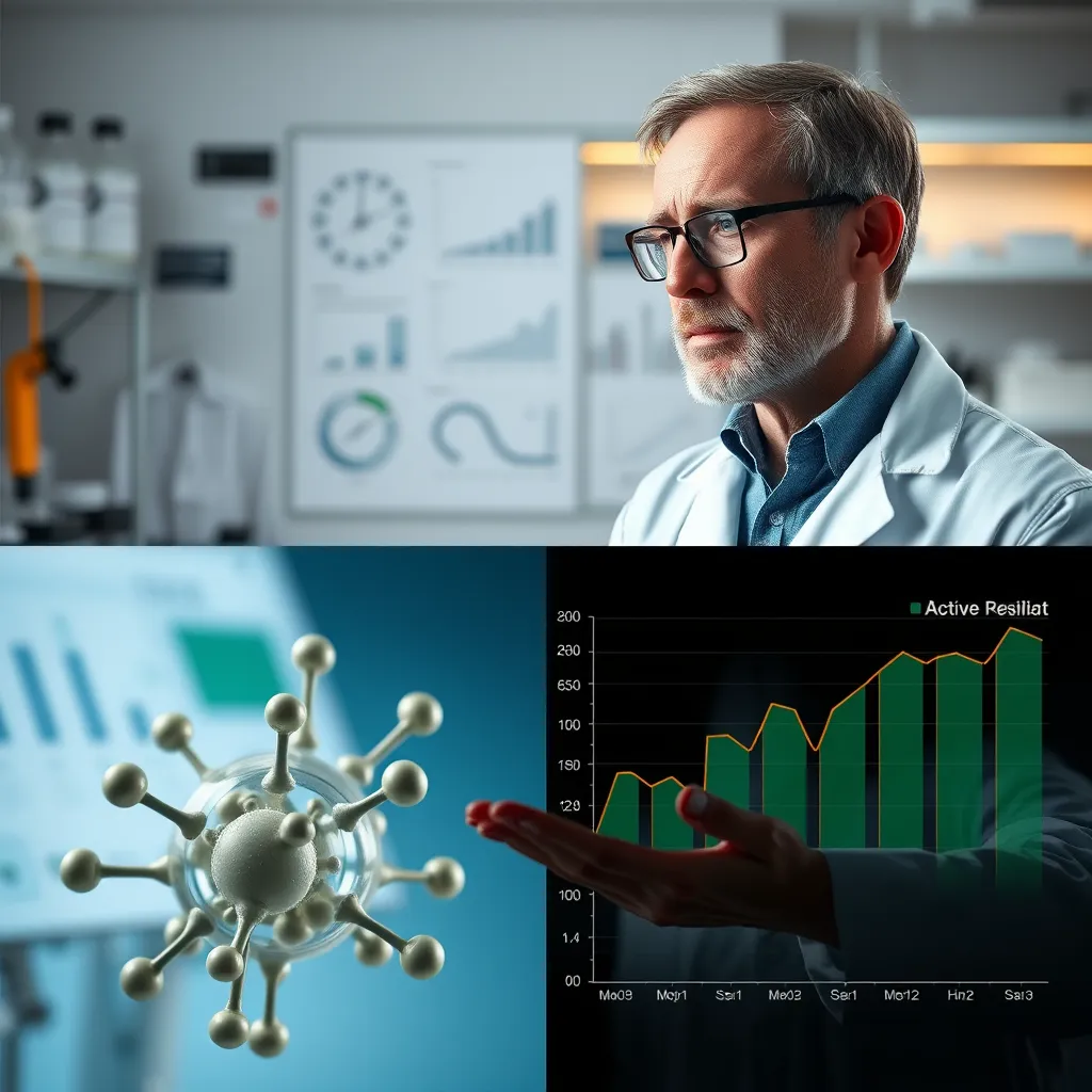A set of scientific images combined - a researcher in a lab coat analyzing data, a molecular model of an active ingredient, and a graph showing positive results. The background should display lab equipment and research charts.