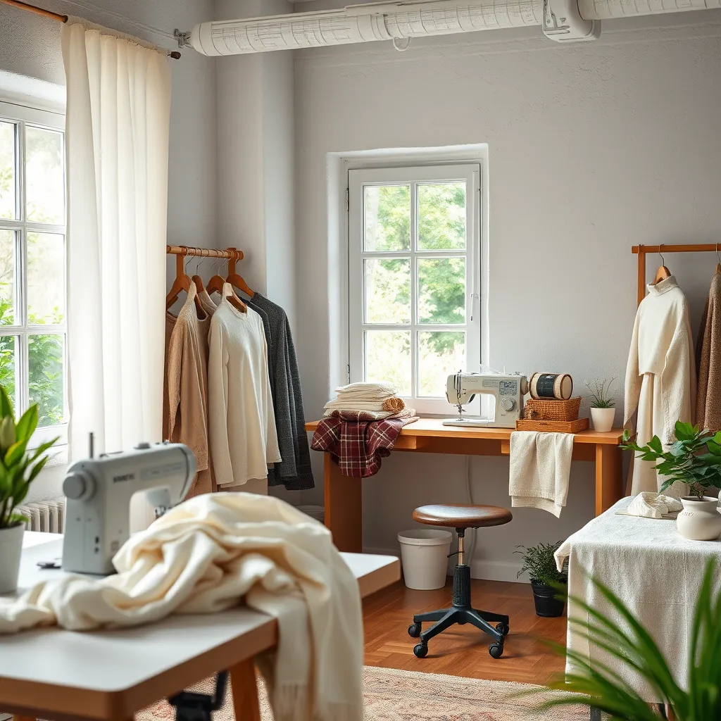 A sewing studio promoting eco-friendly fashion with a display of natural fabrics like organic cotton and linen, sewing projects in progress that highlight sustainability, a window showing greenery outside, symbolizing the connection to nature.