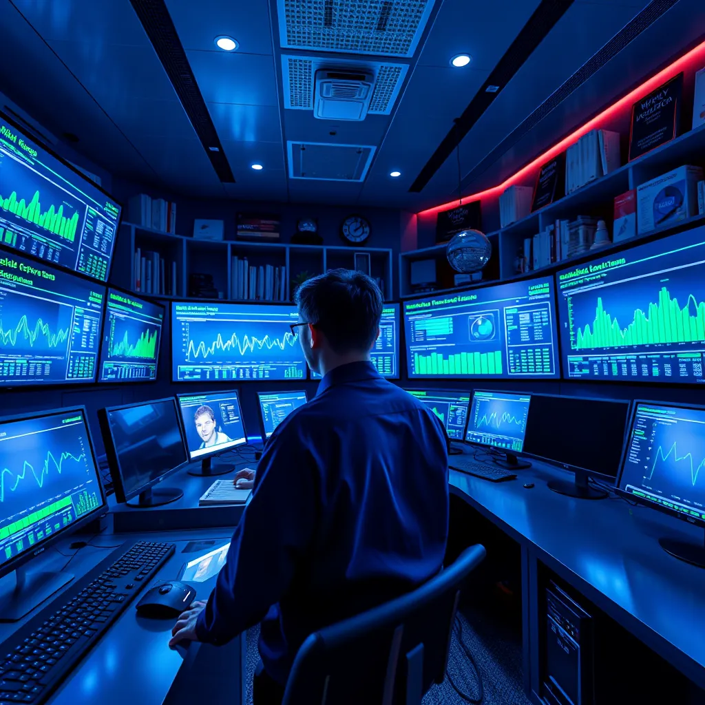 A sleek, high-tech control room filled with multiple screens displaying real-time performance analytics of AI virtual teams. Soft blue ambient lighting creates a calm focus in the space, featuring a color palette of deep blues with splashes of bright green for key metrics. A low-angle shot showcases a tech professional intently analyzing data, the camera captures reflections on screens as well as close-ups of detailed graphics. Materials include glossy screens and metal desks, which add a clean, high-tech feel. The background features shelves with tech books and awards on innovation. The image should be styled in the mode of contemporary tech photography, ensuring hyperrealistic clarity and 8K resolution.