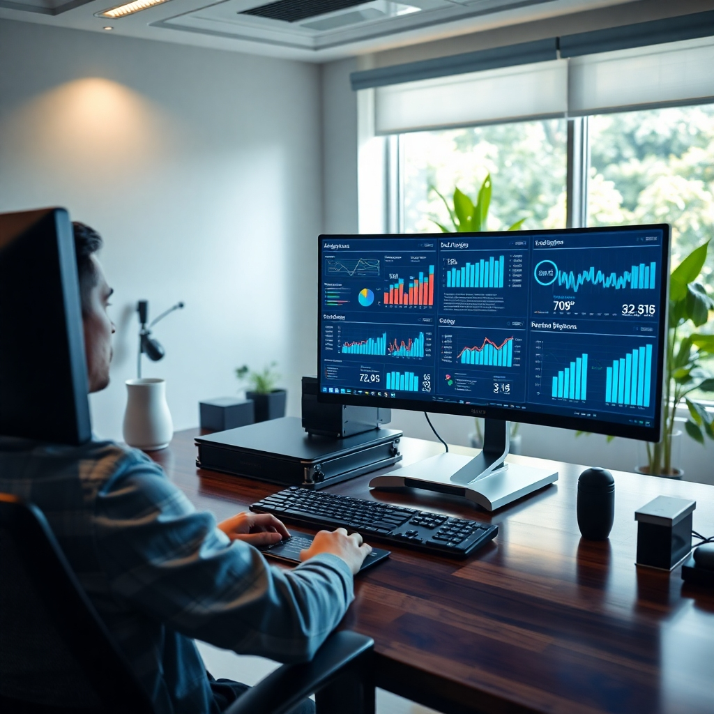 A sleek and modern office environment showcasing a professional individual working on a cutting-edge computer with multiple screens displaying colorful analytics dashboards and lead generation data. The lighting is soft and diffused, creating a warm and inviting atmosphere. A color palette of blues and greys conveys a sense of professionalism and innovation. The camera angle is slightly elevated, capturing the workspace from a bird's eye view. Textures of polished wood and metal in the office add a touch of luxury. In the background, subtle greenery through a window offers an uplifting vibe. Style reference: similar to high-end tech advertisements. Capture in 8K resolution, hyperrealistic details, focusing on the details of the workspace and technology.