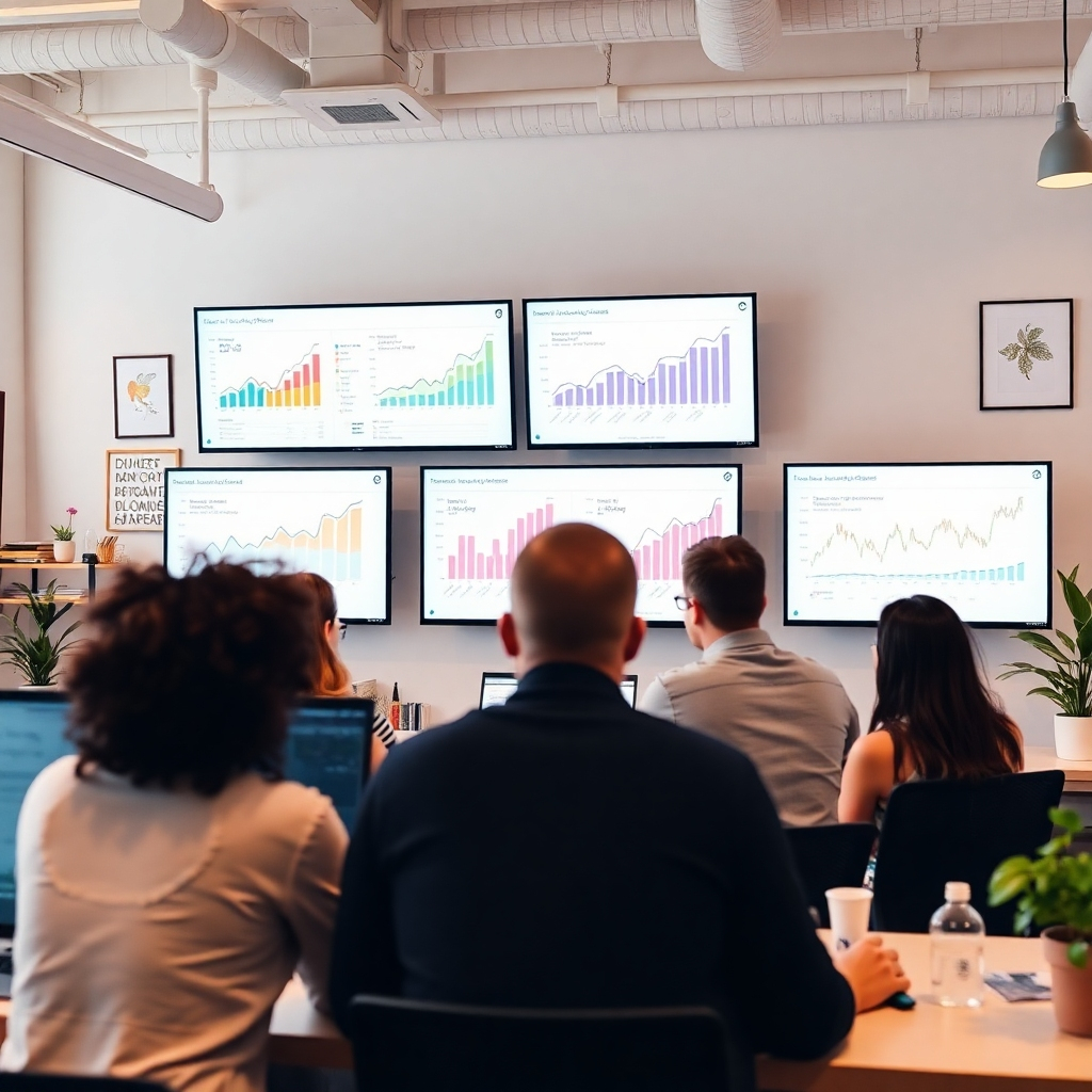 A sleek and modern visualization of analytics data displayed on multiple screens, surrounded by a creative workspace. The atmosphere is focused, with elements of both technology and creativity visible, showcasing graphs and metrics being analyzed by an engaged team. Bright, informative graphics contrast with softer background elements to emphasize clarity.