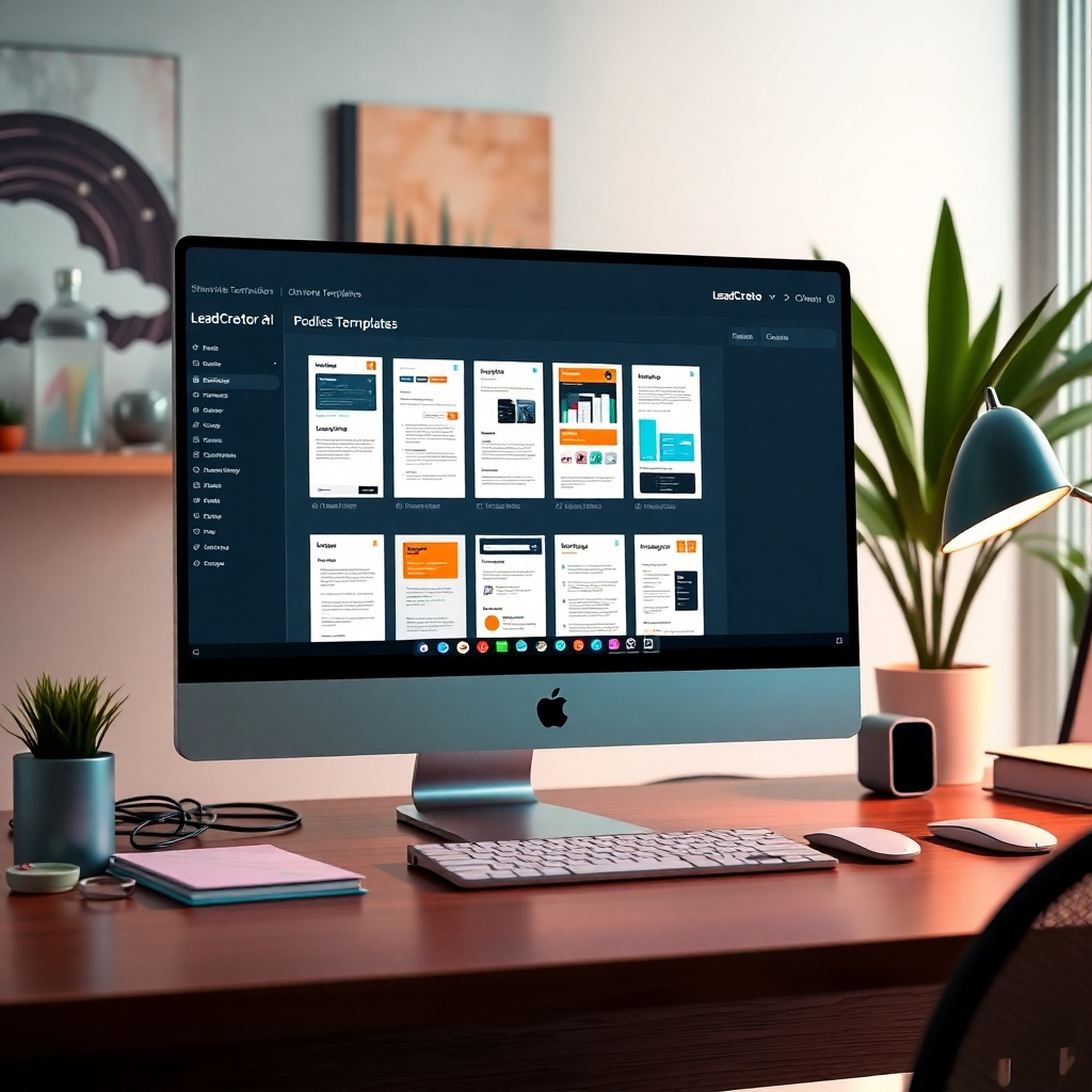 A sleek computer screen displaying a user-friendly interface of LeadCreator AI, showcasing diverse professional templates for eBooks and checklists. The workspace should include bright colors, dynamic design elements, and an inviting atmosphere that conveys creativity and efficiency.