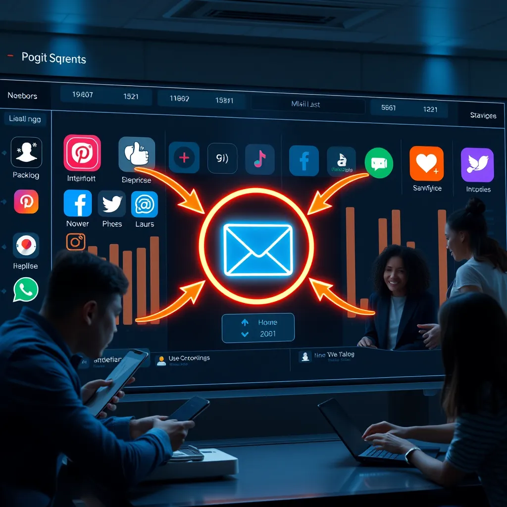 A sleek digital dashboard showcasing various social media icons, with animated arrows moving towards an email list icon. Include diverse users happily engaging with their devices, highlighting seamless integration and email capturing.