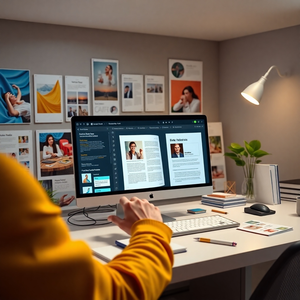 A sleek digital workspace showcasing a user effortlessly designing an eBook on a computer, surrounded by beautiful templates and graphic elements, with bright colors and an intuitive interface, conveying ease of use and creativity.