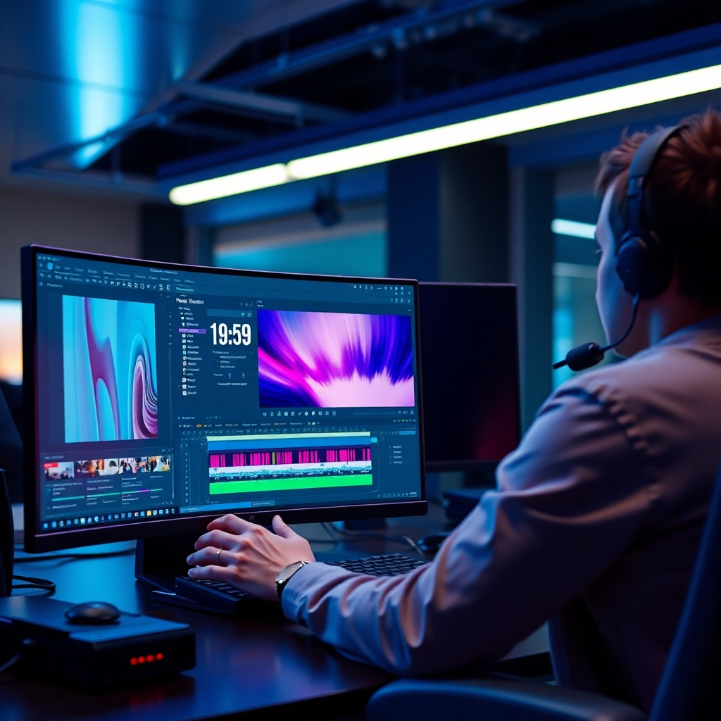 A sleek image of a user working on video editing software, with tools clearly visible on the screen. The setting includes modern technology, bright lighting, and vibrant colors highlighting creativity. The focus on software functionality and user engagement displays the seamless editing experience offered.