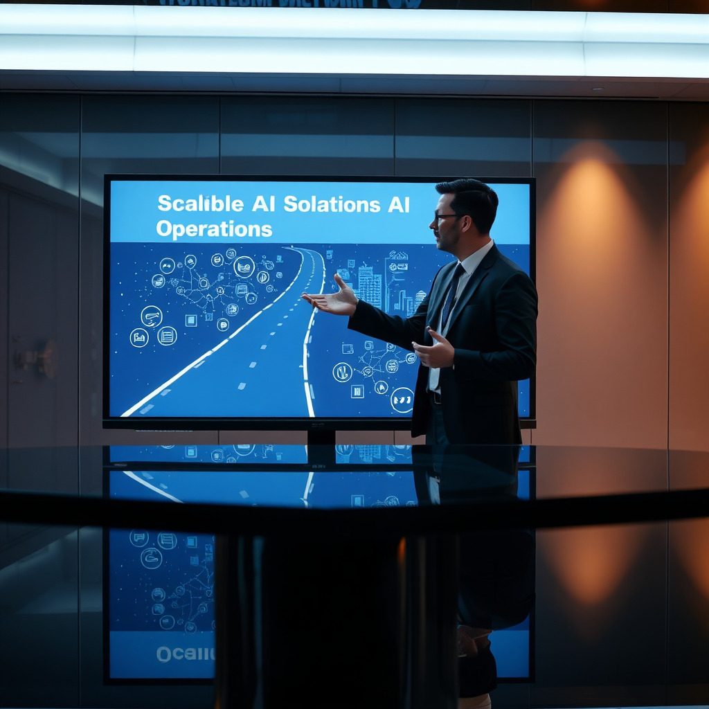 A sleek image showing a digital strategist presenting a clear path forward on a screen displaying scalable AI solutions. Reflective surfaces and ambient lighting set a modern vibe, while elements of digital design symbolize forward movement and clarity in scaling operations. Technical specs: high resolution.