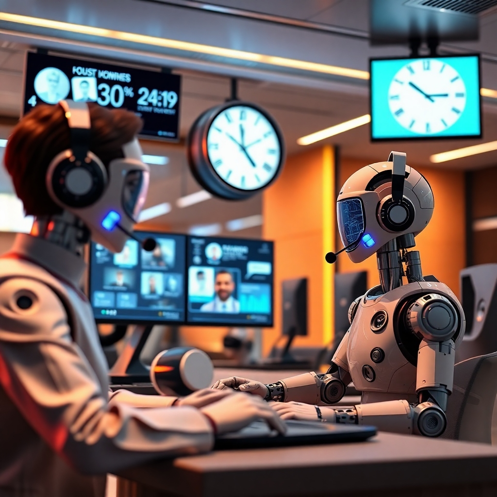 A sleek, modern call center environment with AI bots assisting customers via chat and voice. The scene features digital screens showing real-time interactions, a clock displaying 24-hour service, and a blend of technology that conveys responsiveness and dedication.