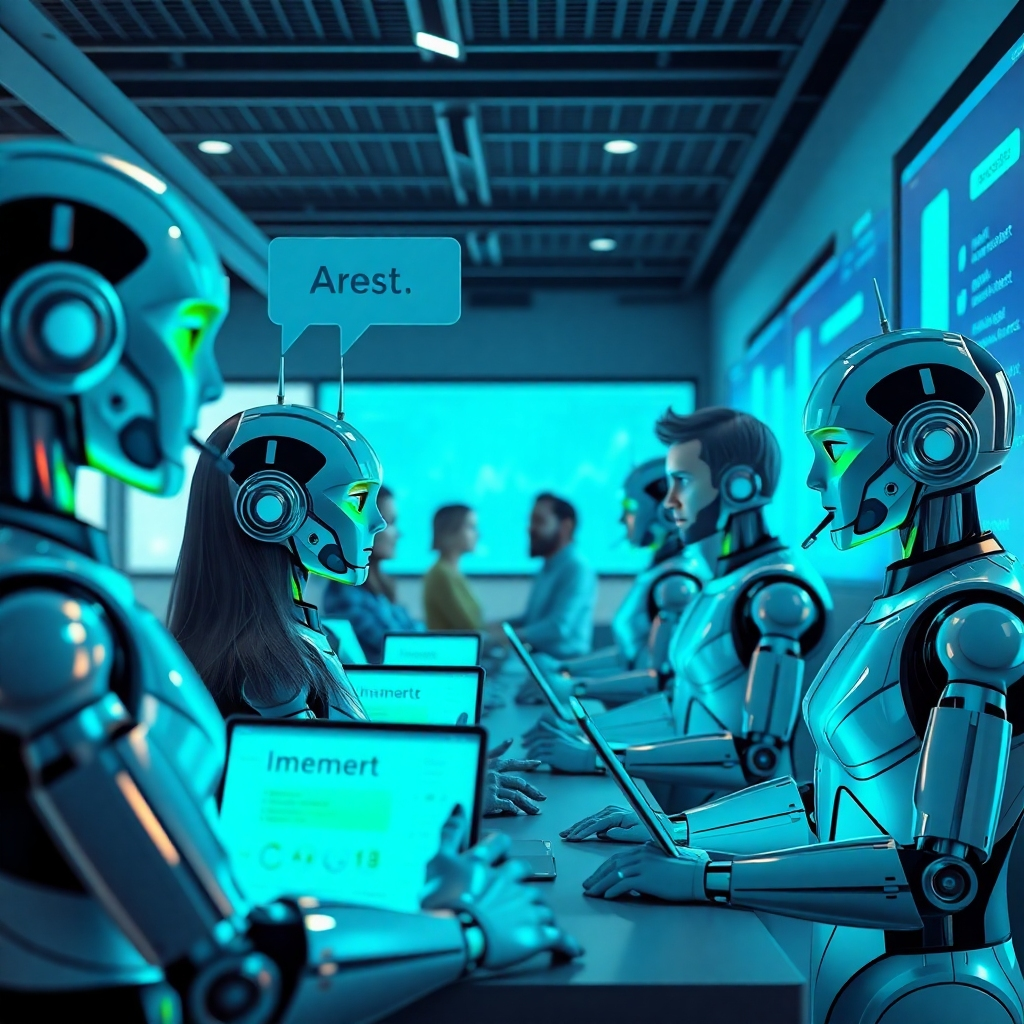 A sleek, modern customer support center showcasing a team of diverse AI bots engaging with customers via high-tech devices. The composition features the bots assisting humans of various demographics, depicted as holographic interfaces. Soft diffused lighting enhances the friendly atmosphere, using a color palette of cool blues and vibrant greens to symbolize technology and trust. The camera angle is slightly elevated, giving a comprehensive view of the interaction space. Textures include polished chrome for the robots and smooth glass for the tech devices. The background consists of a futuristic office with smart screens displaying analytics, reinforcing professionalism. Include elements of dynamic conversation with speech bubbles illustrating customer engagement. The style references futuristic AI illustrations, rendered in ultra-detailed 8K resolution for a hyperrealistic look.