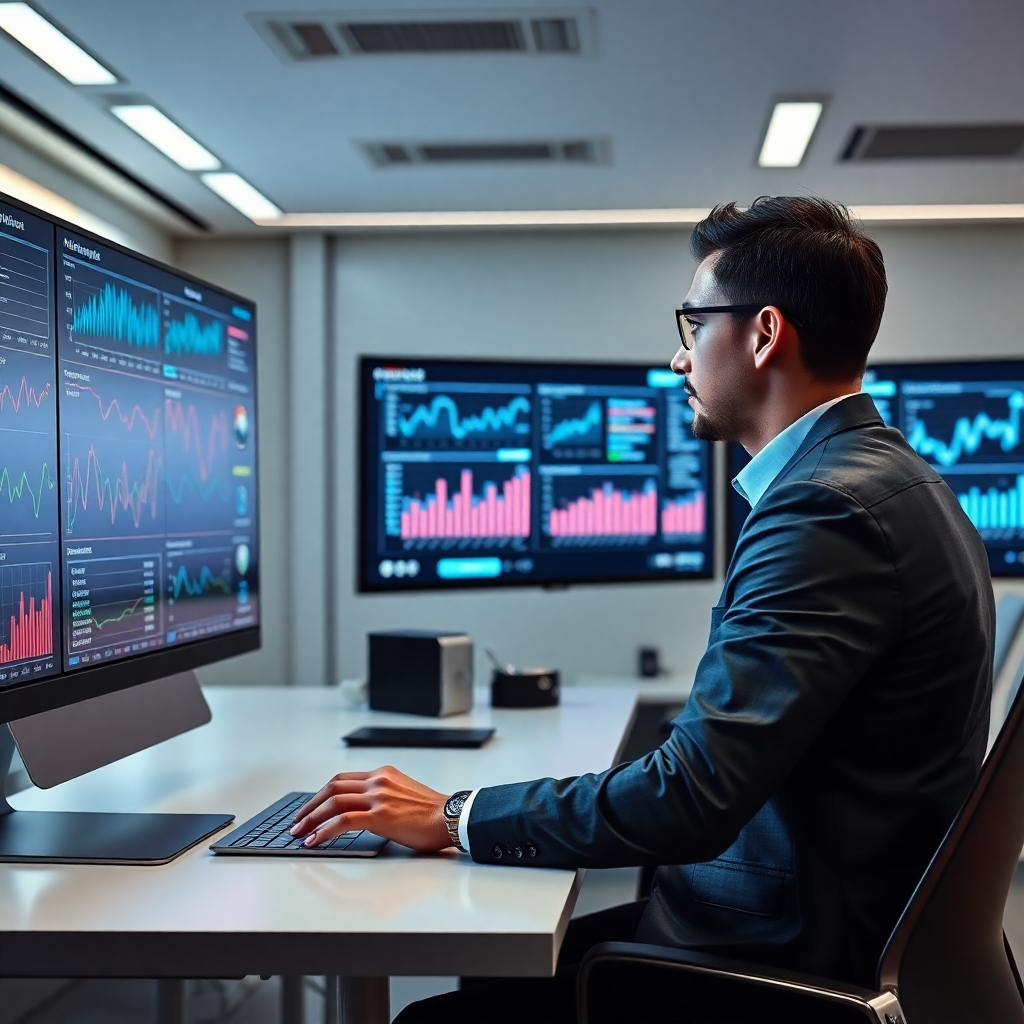 A sleek, modern office environment with a professional analyzing data on multiple screens. Show charts and graphs depicting customer trends and AI algorithms. Include elements like digital interfaces displaying key metrics, with a futuristic vibe representing advanced technology.