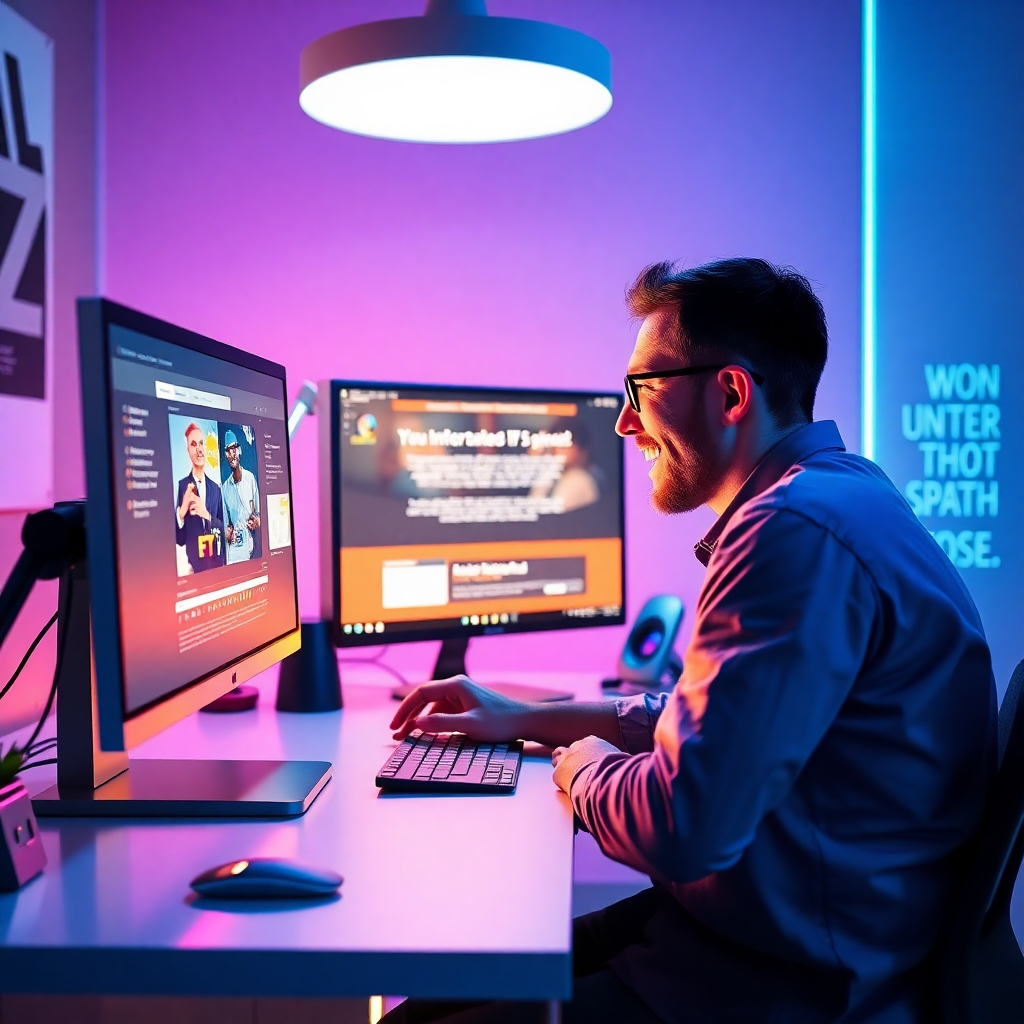 A sleek, modern workspace showcasing a person at a computer, their face reflecting focus and excitement while editing a VSL. The screen displays a draft of a video sales letter with animations and text. The lighting is bright and inspirational, creating an engaging atmosphere. The desk is decorated with motivational quotes, showcasing vibrant colors that spark creativity. The style references innovative tech environments, with hyperrealistic elements, ensuring a captivating quality in every detail.
