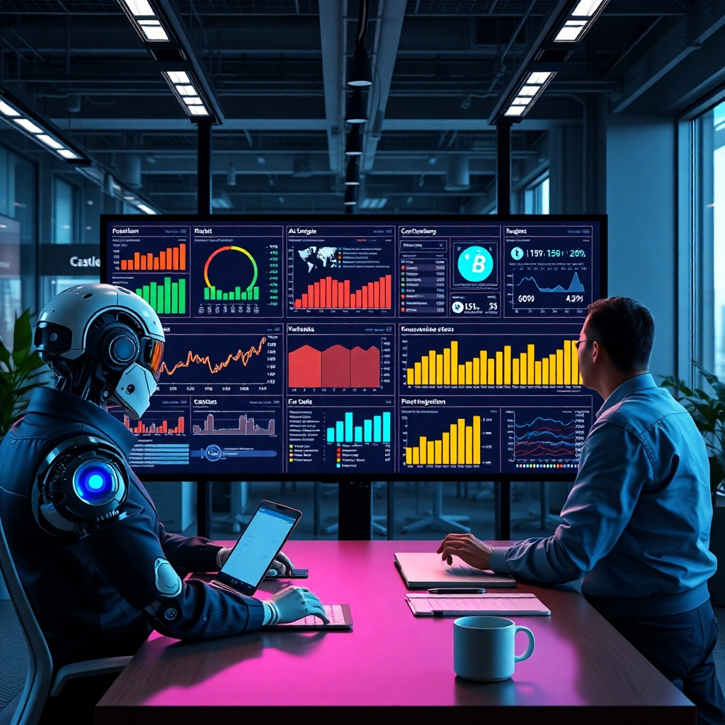 A sophisticated business environment displaying a large screen filled with graphs and charts analyzing customer data. Include AI bots representing data analysis with human colleagues discussing insights, all in a bright, collaborative workspace exuding innovation and strategic planning.