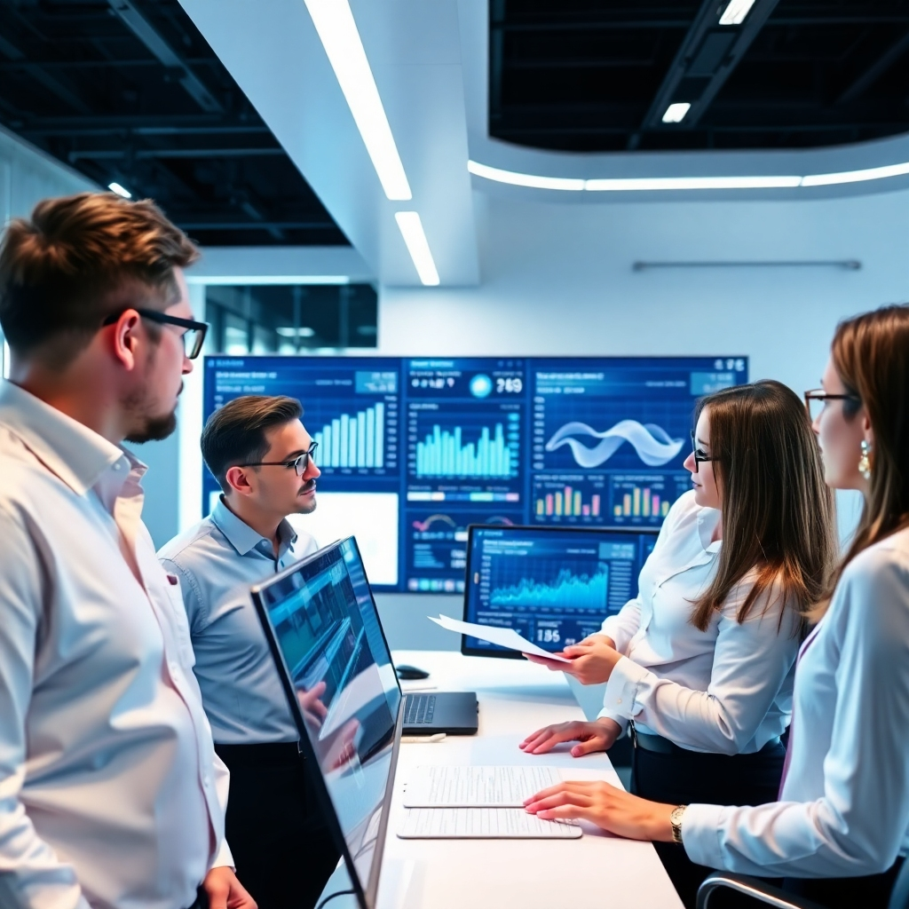 A sophisticated image depicting analysts reviewing performance metrics displayed on sleek digital dashboards. The modern office setting is well-lit with a futuristic design, emphasizing clarity and data visualization. A color palette of bright whites and blues enhances the technological feel of the scene. The camera captures moments of deep analysis and strategic discussions among the team surrounding the data screens.