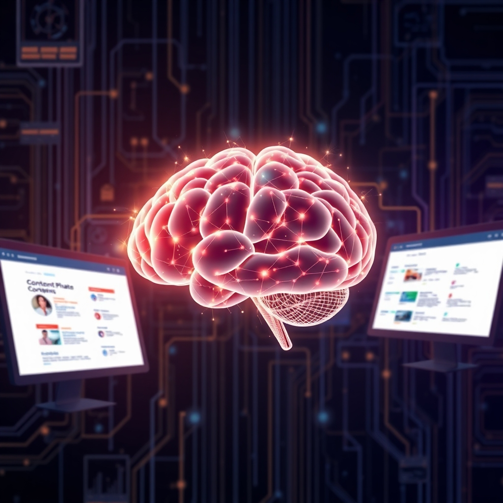 A sophisticated image displaying an AI brain composed of data points and lines, set against a tech-laden backdrop. The ethereal glow of the brain emphasizes intelligence, while screens around it show varying content strategies and optimizations. This visual highlights the innovative capabilities of Articalize APP, conveying the effectiveness of AI in content optimization.