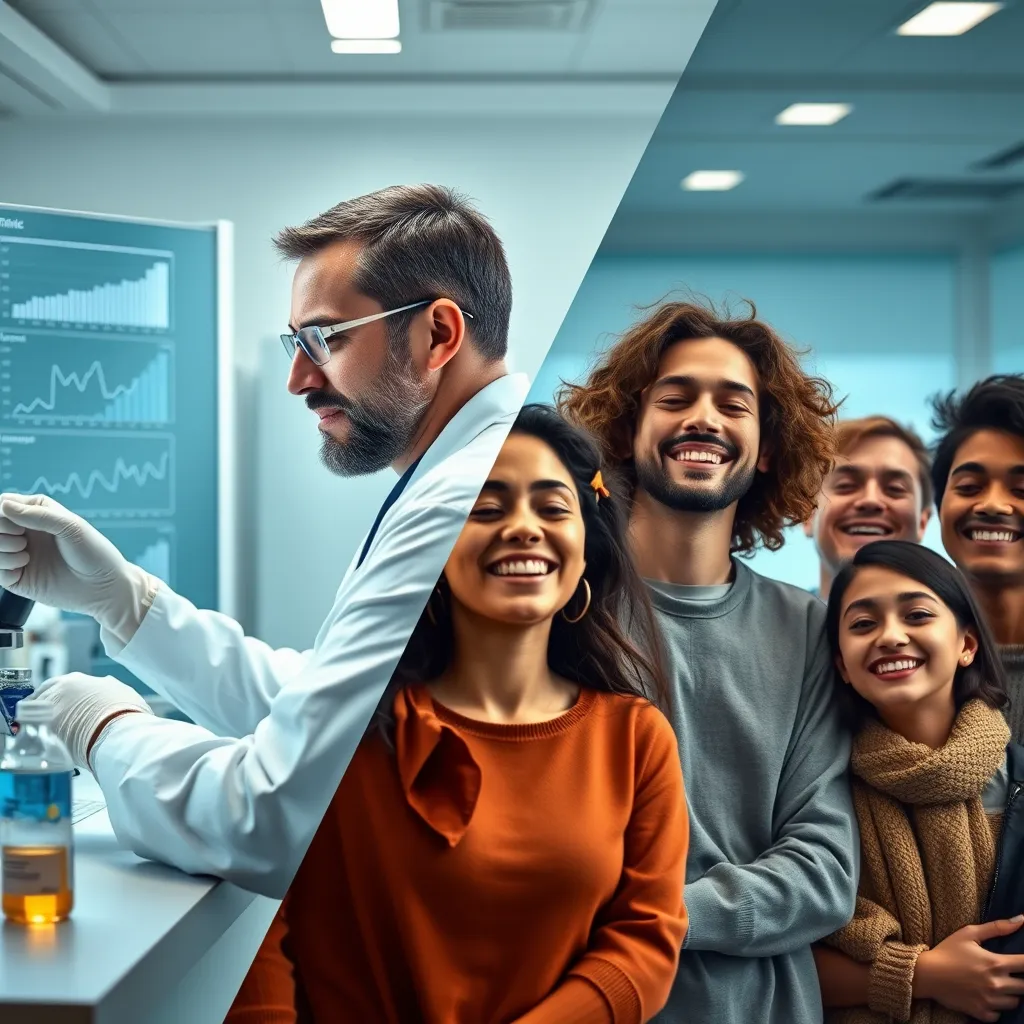 A split image showing a researcher in a lab conducting tests on the tonic, with graphs displaying positive data trends. On the other side, a group of diverse individuals looking happy and well-rested, reflecting the tonic's benefits.