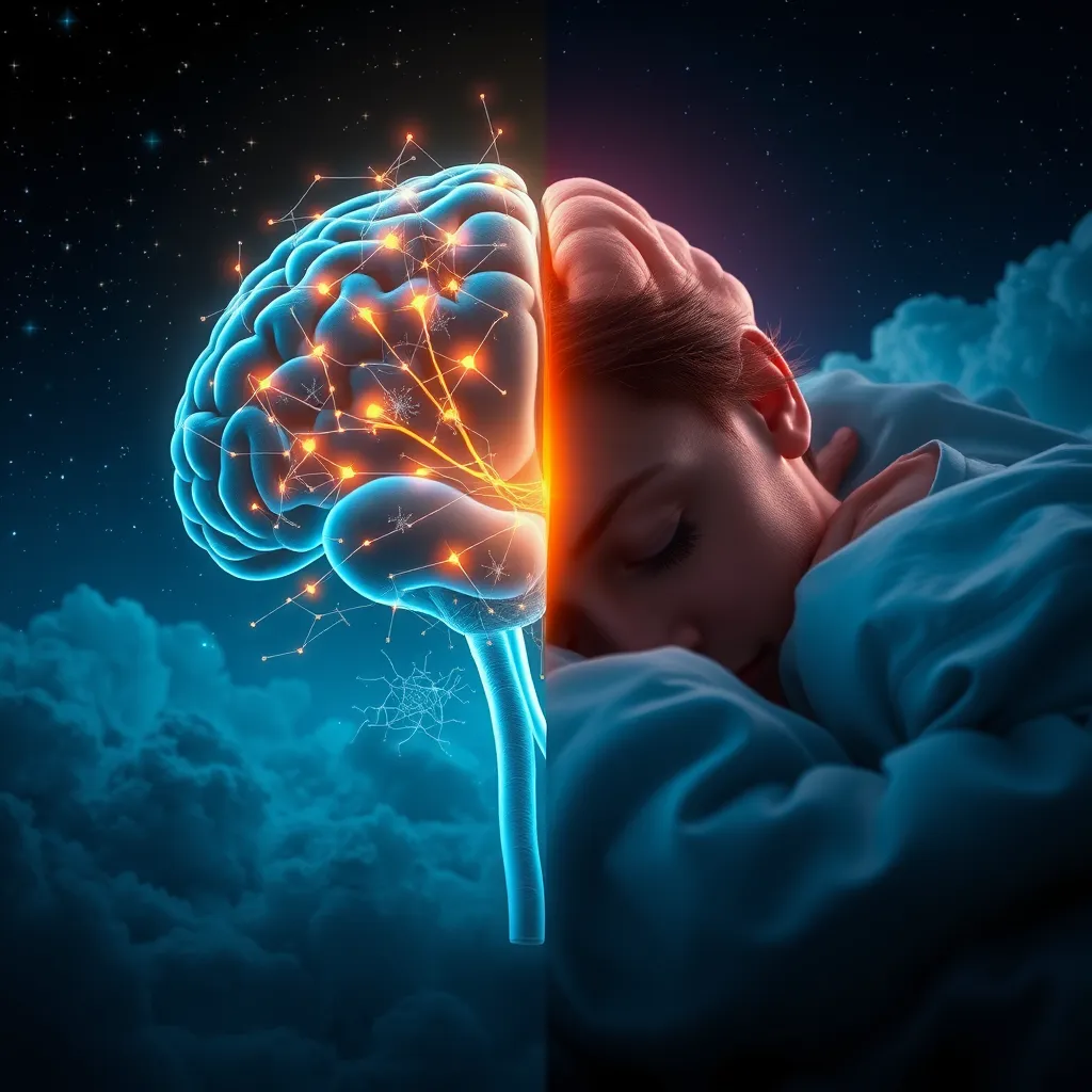 A split scene showing a brain illuminated with neural connections on one side and a tranquil sleeping figure on the other. The background consists of stars and clouds, symbolizing deep sleep. The image represents the synergy between sleep and memory enhancement.
