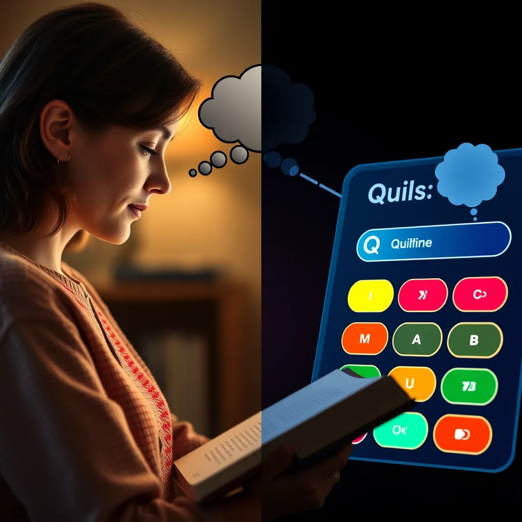 A split-screen composition showing a woman reading a digital book on the left. The right side features an interactive quiz interface with colorful buttons. Above them, thought bubbles illustrate concepts being discussed, emphasizing engagement and learning.