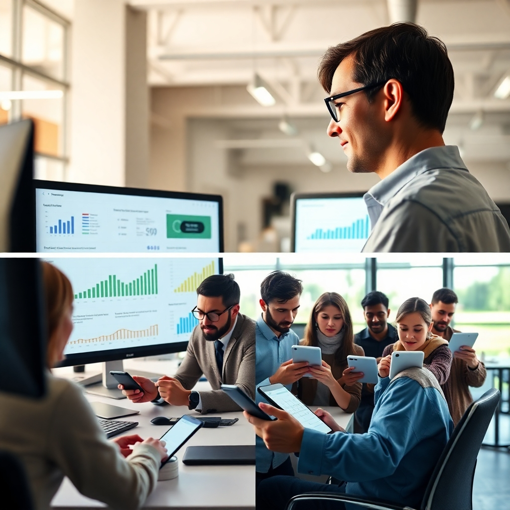 A split-screen image depicting two scenarios: one side shows a marketer analyzing data on a computer, while the other shows a diverse group of people receiving personalized emails on their devices. The office setting is modern and bright, with charts and graphs displayed on screens.