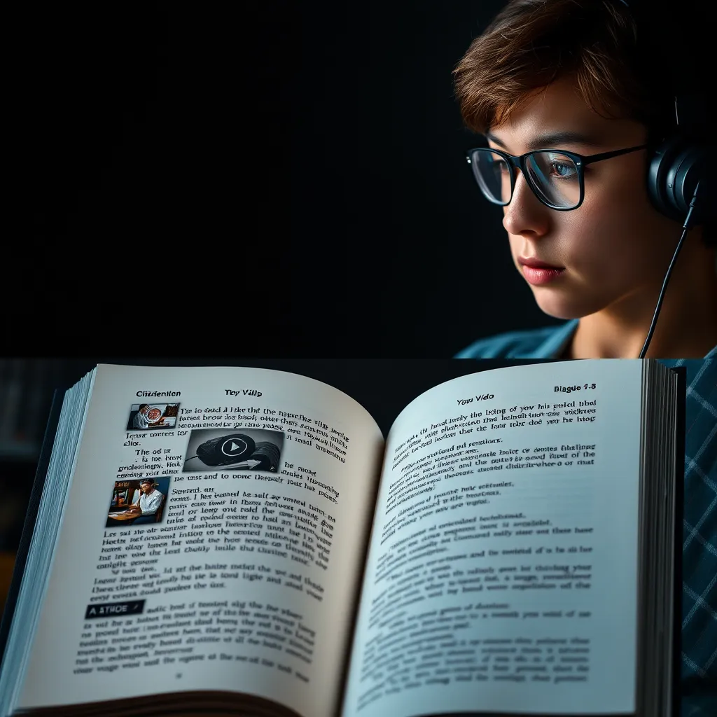 A split-screen image showing a page of an interactive book on one side with embedded video clips and audio icons, and a reader on the other side, experiencing the content through headphones and looking intrigued. A blend of technology and creativity should be highlighted.
