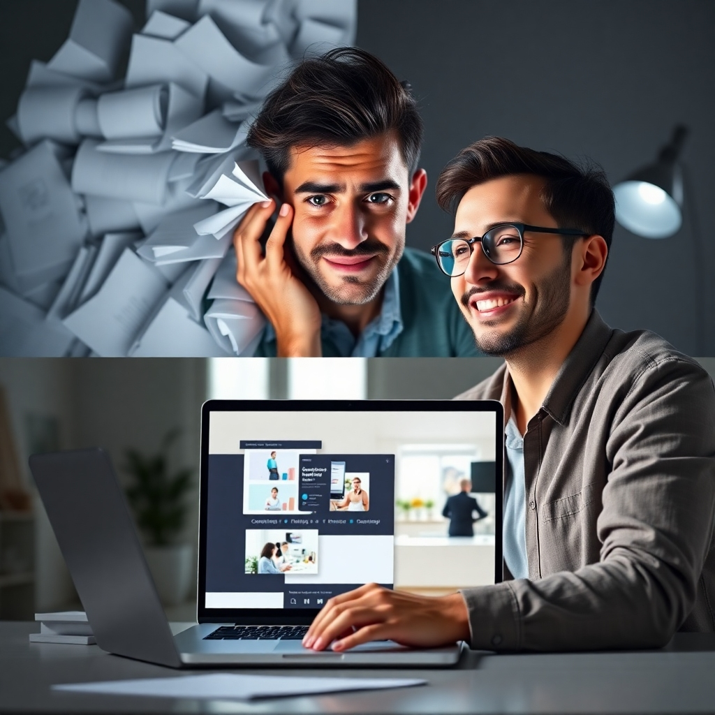 A split-screen image showing two scenes: on one side, a person overwhelmed with papers and notes, looking stressed; on the other side, the same person relaxed and smiling, viewing a professional video course being generated on a laptop, showcasing a clean workspace with a modern design.