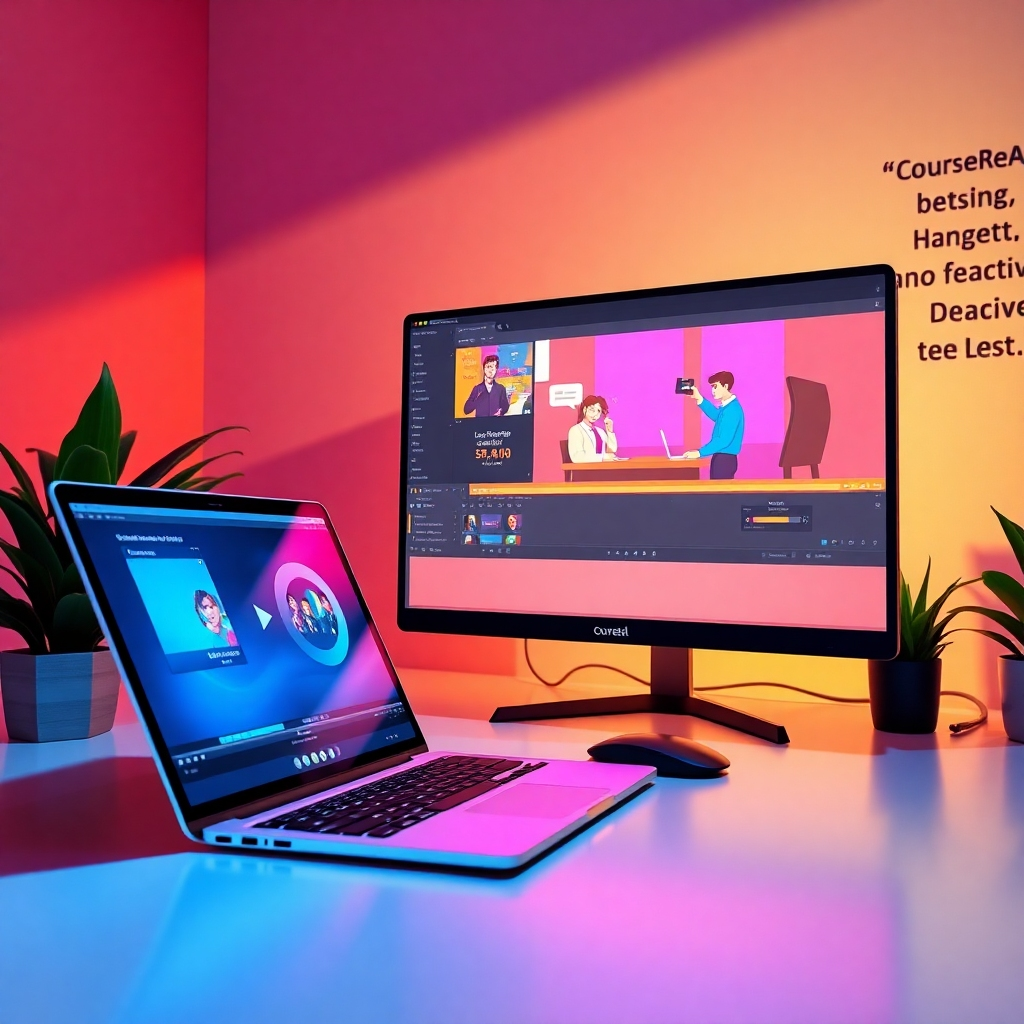 A split-screen view featuring a laptop on one side with CourseReelAI Max open, showing a sleek video editing interface. On the other side, a high-definition monitor displays a colorful, animated video lecture in progress, highlighting key points. The scene is illuminated with dramatic side lighting that casts a shadow effect, adding depth to the workspace. The color palette is a mix of bright and pastel hues to create an upbeat mood. The angle is slightly above the computer desk, providing a perspective that emphasizes both the technology and the engaging content being produced. Background elements include a green plant and motivational quotes on the wall, enhancing productivity. The image is hyperrealistic and highly detailed, rendered in 8K resolution, reminiscent of futuristic tech environments in visual design.