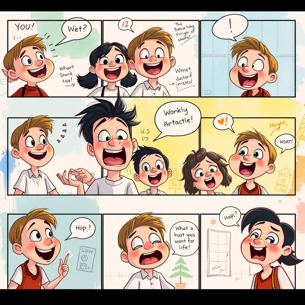 A storyboard layout illustrating different scenes of animated characters expressing various emotions like joy, surprise, and wonder. The background should be artistic and colorful, showcasing character sketches, speech bubbles, and diverse facial expressions in a creative setting.