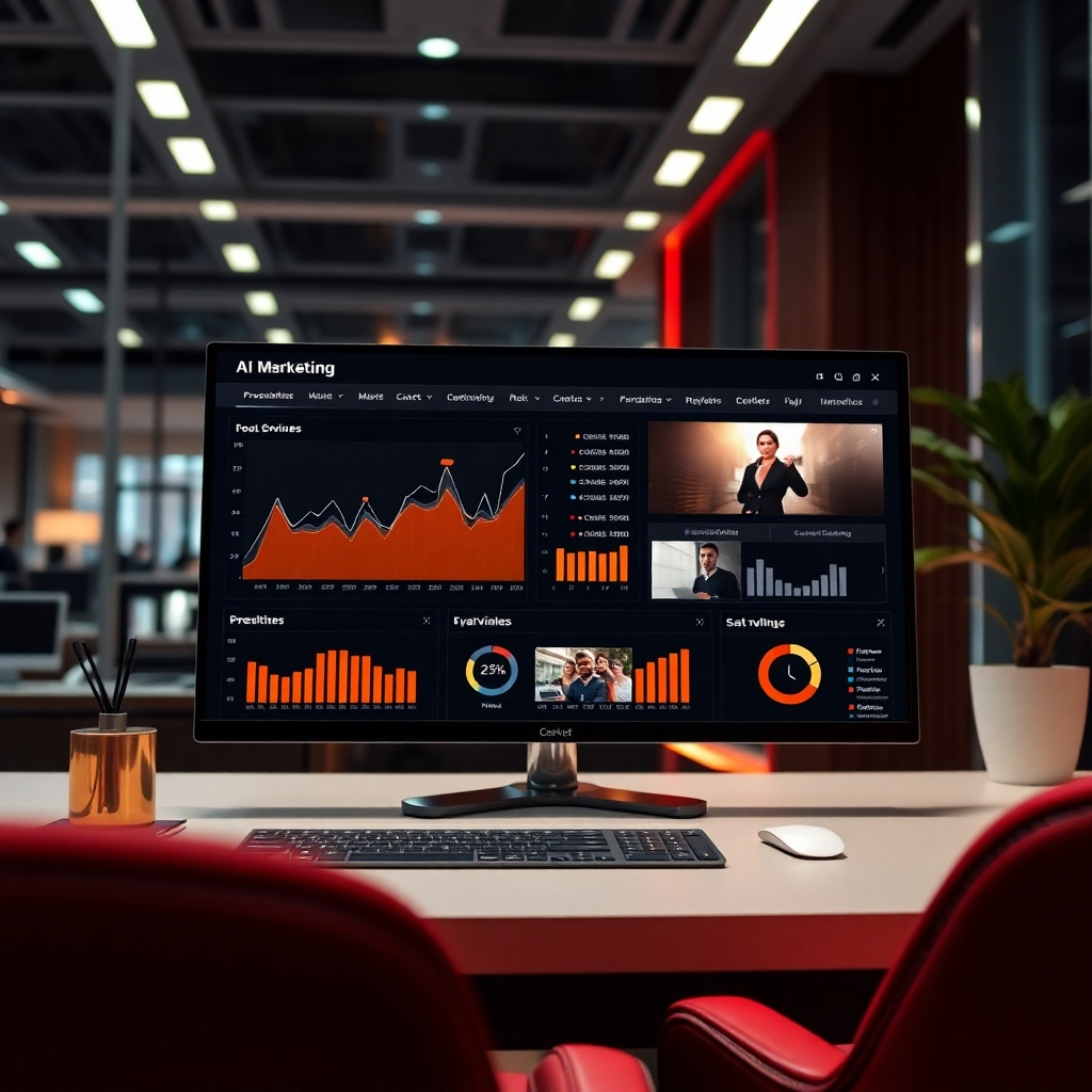 A strategic image featuring an AI marketing dashboard displaying analytics and insights alongside video previews. The environment is modern and stylish, complemented by bright lighting and a sophisticated color palette that includes reds and golds. Textures are smooth and sleek, highlighting the professional atmosphere.