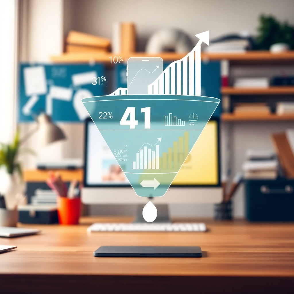 A strategic layout showing a funnel diagram with AI video statistics overlaying an online store, representing increased conversions. Bright, warm colors signify positivity and growth. The background should showcase a clutter-free, modern workspace to convey professionalism. A close-up camera angle focuses on the funnel, illustrating the conversion process. This image aims to encapsulate the essence of leveraging AI for skyrocketing revenue.