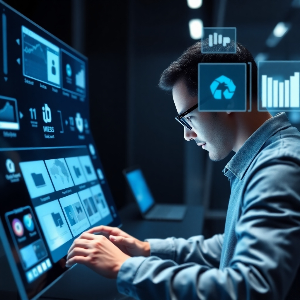 A streamlined image of a user interfacing with cutting-edge software tools that facilitate design creation. The layout features icons and buttons illustrating various design functionalities. The lighting is bright, and the color scheme includes modern digital blues and grays, suggesting technology and efficiency. The overall composition should evoke a sense of simplicity and fast results, embodying the capabilities of MagicDesigners Suite in the design industry.