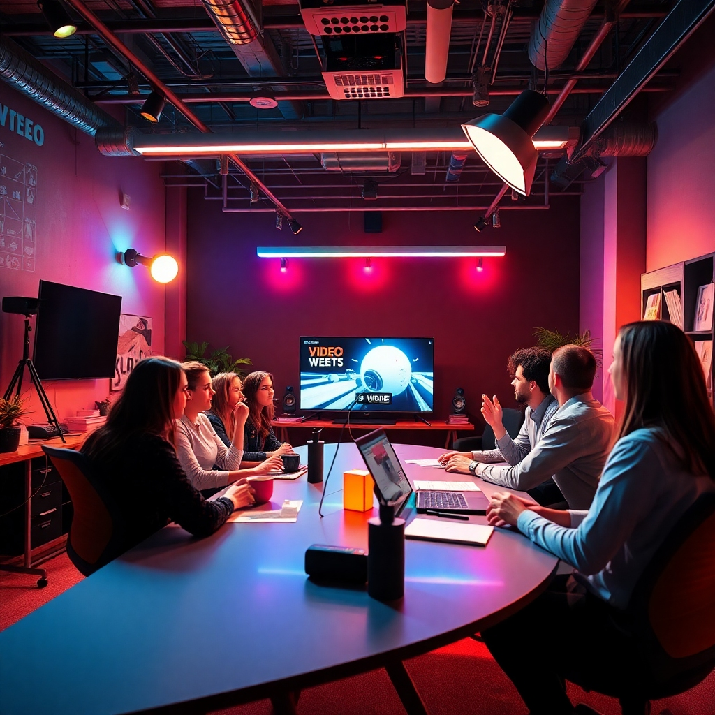 A stunning visualization of a creative studio filled with vibrant energy as team members brainstorm future video concepts using Vidko. The lighting is ambient, with flashes of color that excite creativity. The environment embraces modern design with tech elements prominently displayed. Textures blend cheerful design with professionalism, creating an optimum backdrop that represents the future of video production.