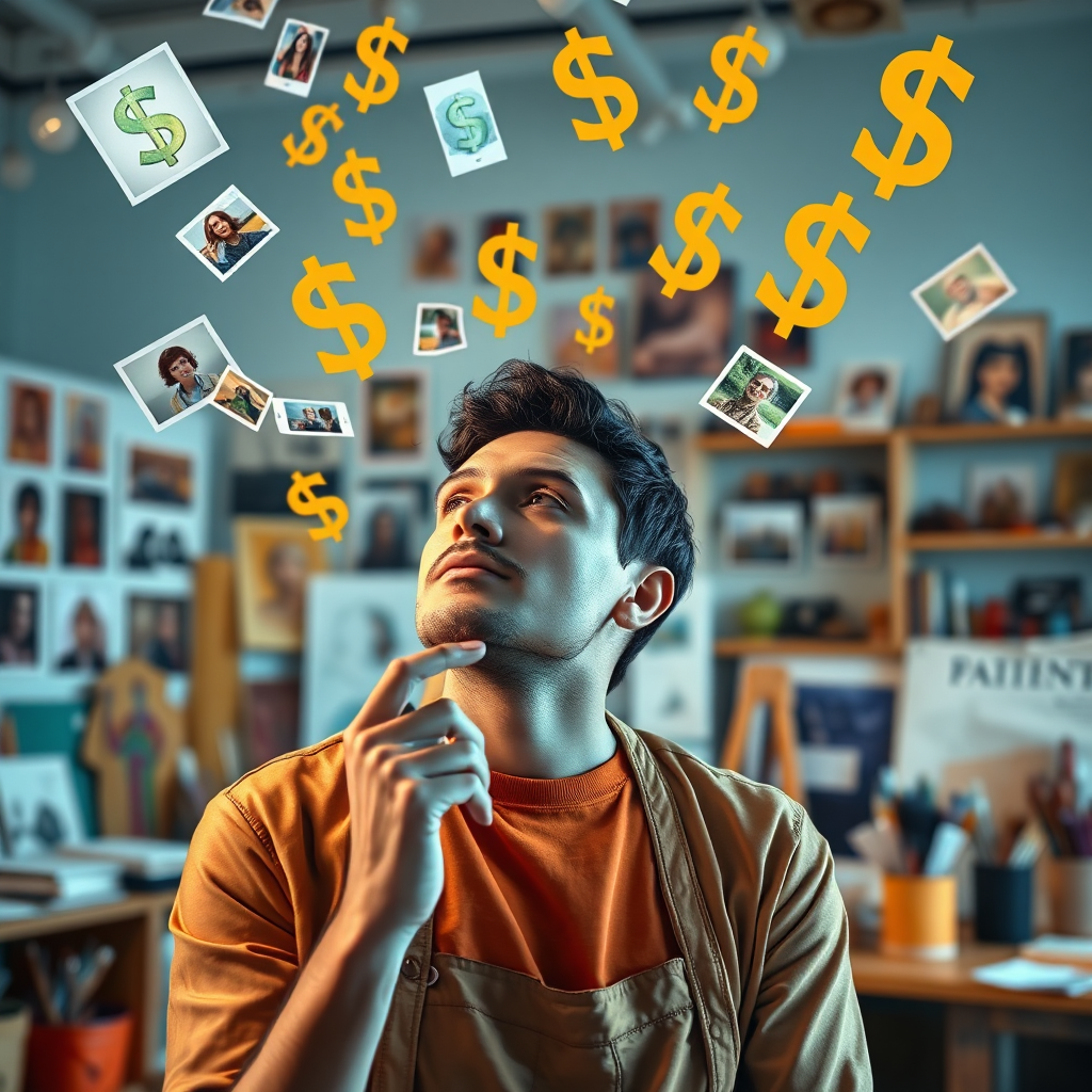 A stylish image representing an artist deep in thought, surrounded by images and dollar signs floating in the air, symbolizing the transformation of ideas into income. The setting is an inspiring art studio, filled with colorful materials and tools. The lighting should be bright and uplifting, casting a glow over the artist's focused expression. The color palette should combine soft blues and vibrant oranges, suggesting creativity and motivation. The camera angle should be slightly elevated, showcasing the artist and the environment harmoniously. This high-quality image should bring forth a sense of inspiration and empowerment, portrayed in 4K resolution.
