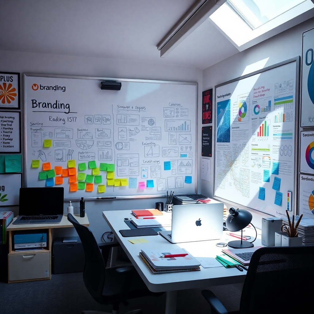 A stylish office with a large whiteboard covered in vibrant branding sketches and plans. Dramatic side lighting brings out the textures of colorful post-its and design materials, creating a dynamic environment. The color palette includes bold blues and greens, suggesting innovation and freshness. The angle is an eye-level shot focused on the cluttered yet organized workspace. Elements like laptops, design mock-ups, and inspiration boards create a creative vibe. Surrounding the desk are motivational posters that spark ambition. The style evokes 'the look of modern creative agencies', ensuring a hyperrealistic representation in ultra-high definition.