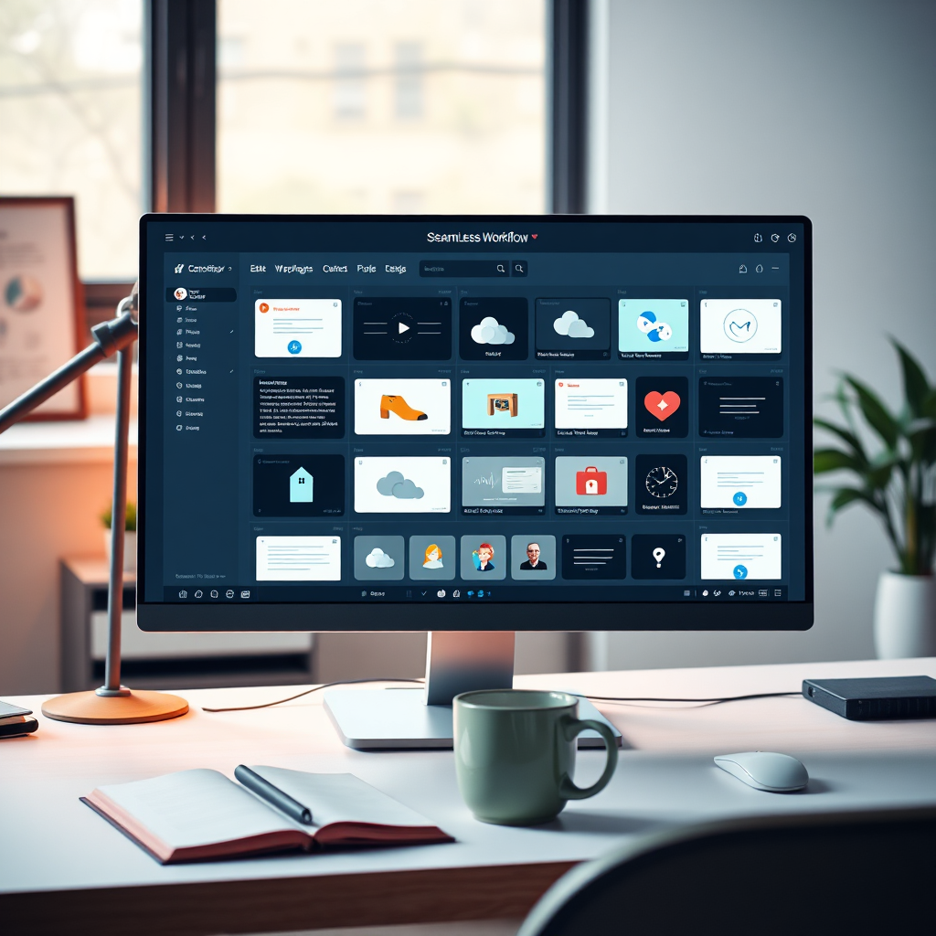 A stylish representation of a seamless workflow on a computer screen, showcasing various applications and tools in a cohesive design. The office setting features a clean, minimal aesthetic with warm lighting adding a personal touch. Props include a notebook and coffee cup on the desk, emphasizing productivity. The camera angle should highlight the screen with a slight focus on the ambient workspace. Style reference: Minimalist design.