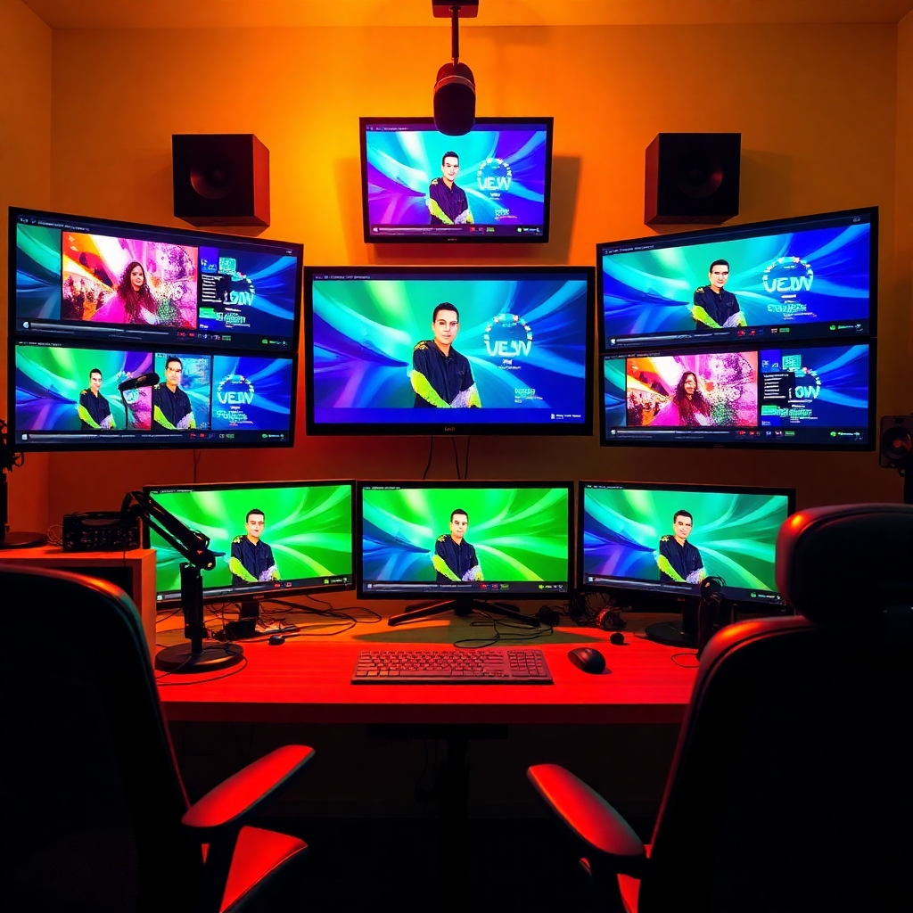A stylized image depicting a creative workspace where podcasts are transformed into dynamic video content. The scene includes multiple screens showcasing the videos in progress, highlighted by colorful graphics and animations. The mood is vibrant and energizing, amplified by creative lighting that invites inspiration. The colors range from warm yellows to energetic greens, symbolizing growth and creativity. The camera captures a sense of motion and excitement, with texture details illustrating a high-tech environment that encourages innovation.