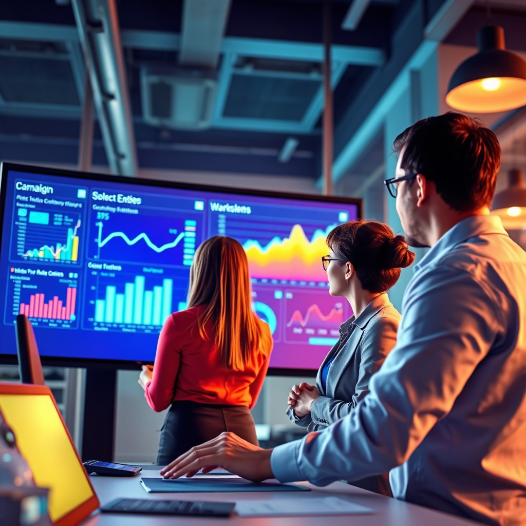 A stylized image depicting a marketing team analyzing campaign performance on a large digital screen. The screen glows with vivid colors of charts and analytics, while ambient office lighting reflects a modern workspace. The professionals, engaged and focused, represent teamwork in achieving effective results. Technical specs: high resolution.