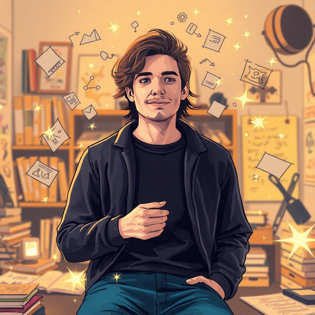 A stylized image depicting a person in a creative studio surrounded by sketches and digital notes that float around them like sparks of light, representing their creative ideas taking shape. The palette is warm, with bright bursts of color reflecting enthusiasm. The lighting is soft yet focused on the individual, illustrating a cozy yet productive atmosphere. The scene is dynamically composed, showcasing high quality with an emphasis on creativity.
