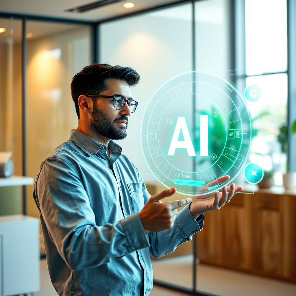A stylized image encapsulating the essence of local business automation through AI. The scene features a business owner confidently interacting with a holographic AI interface, representing innovation and expertise. Soft, ambient lighting highlights the subject while a sleek, modern office setting frames the background. The color palette is a mix of bright blues and greens representing technology, contrasted against warm, inviting wooden textures. The camera angle is slightly tilted, drawing focus to the holographic display. The image should be high quality in 4K resolution, symbolizing the seamless integration of AI into everyday business operations.