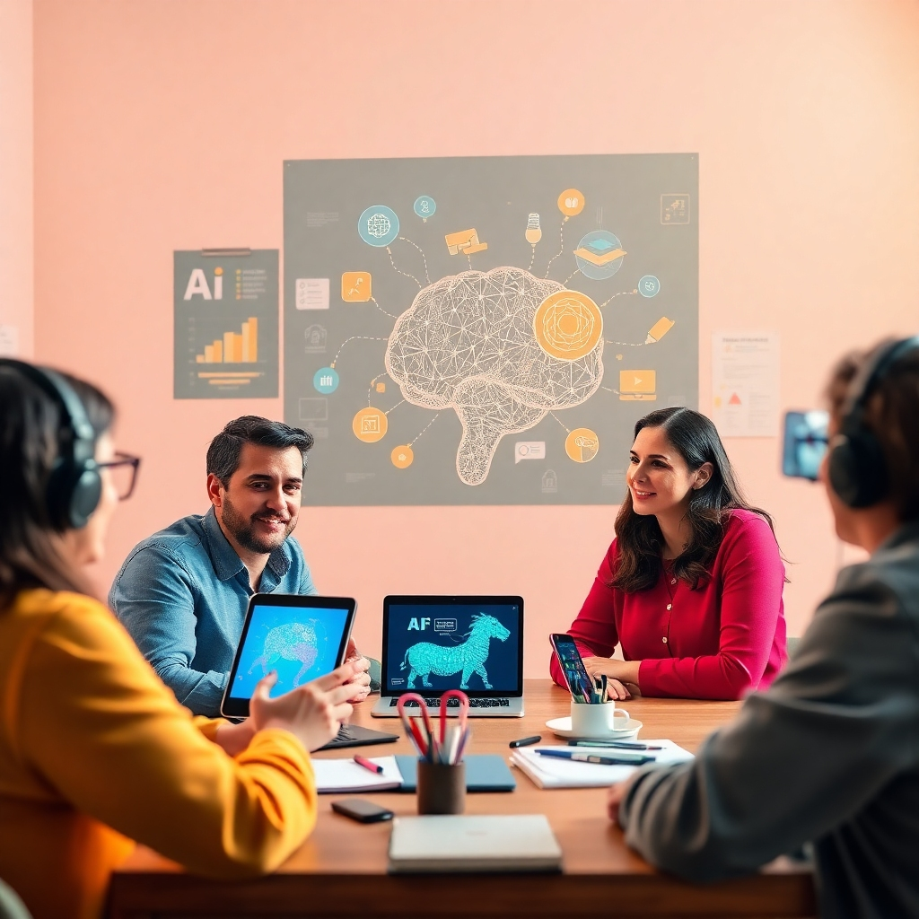 A stylized image featuring a marketing brainstorming session, where a team mentally visualizes concepts through AI images shown on devices. The atmosphere is collaborative and inspiring, with colors symbolizing creativity. The camera angle captures diverse perspectives with engaging props showcasing various creative tools. Technical specs: 4K resolution.