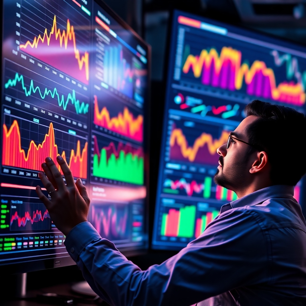 A stylized image featuring an analyst reviewing data trends on a large screen filled with colorful graphs and predictive analytics. Illuminated with LED lights for a tech-savvy feel, evoke a high-tech ambiance with motion elements illustrating data insights. Technical specs: high resolution.