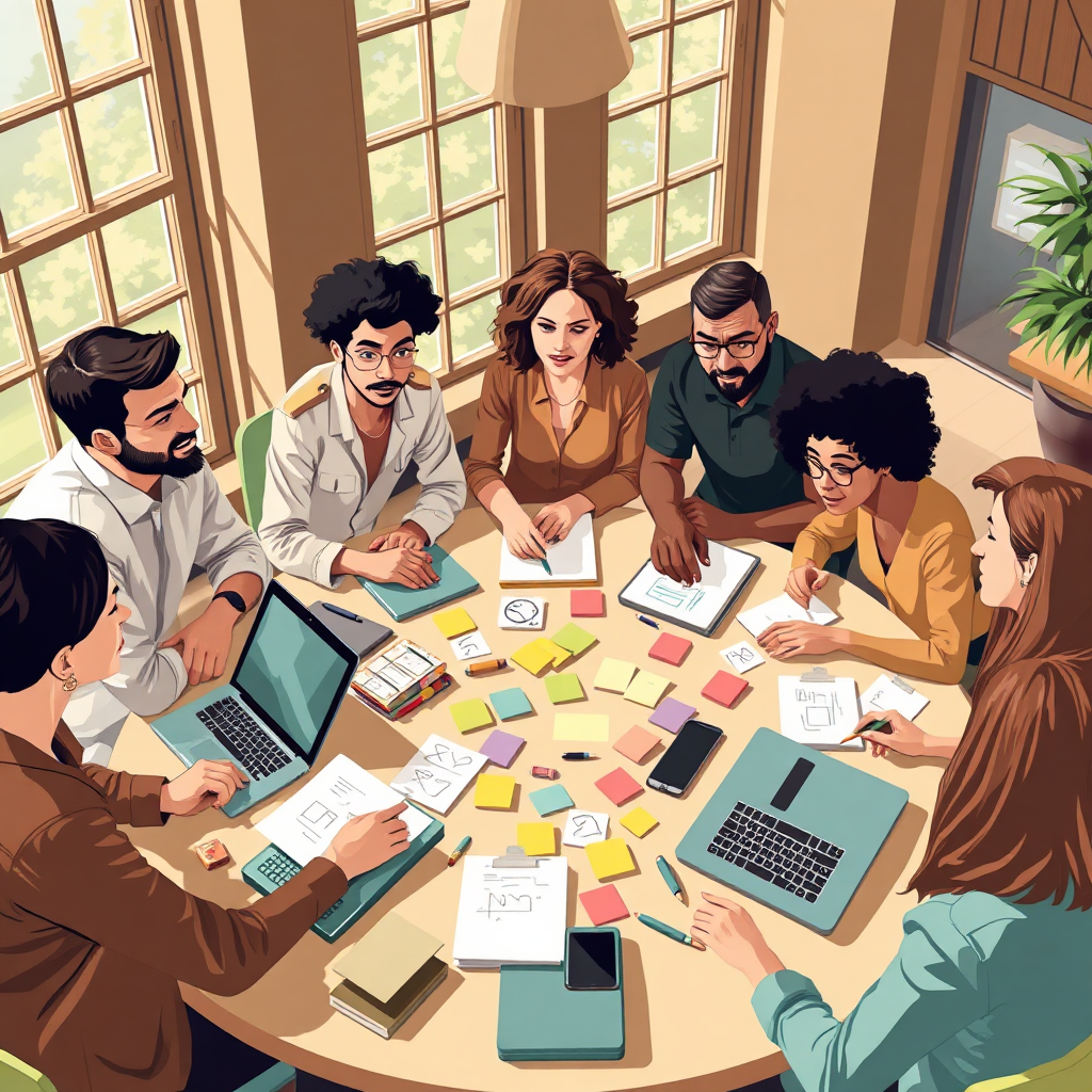 A stylized image of a diverse group of people engaged in a dynamic workshop setting. The composition features a round table filled with creative materials, notes, and laptops. Natural lighting filters in from large windows, creating a warm atmosphere. Each individual's face shows determination as they discuss ideas. The color palette includes earthy tones like greens and browns along with splashes of color from sticky notes and drawings. This image reflects an engaging and stimulating environment, rendered in high quality.