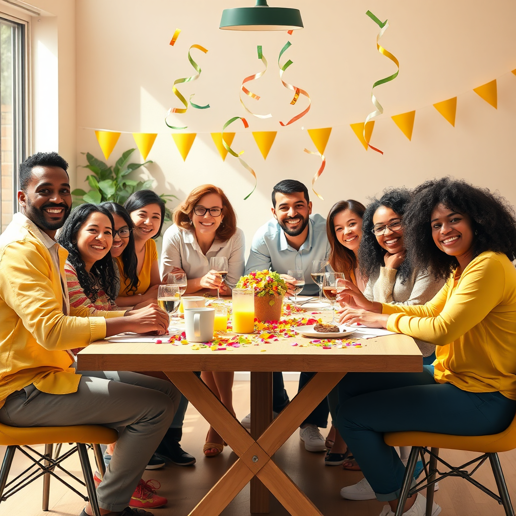 A stylized image of diverse individuals celebrating around a table after a successful project completion. The composition includes festive decorations and celebratory confetti, emphasizing a sense of achievement. Natural lighting filters in, enhancing smiles and the warm atmosphere. The color palette should be cheerful with bright yellows and greens. The image captures a sense of community and success, ideal for conveying harmony in teamwork, rendered in high quality.