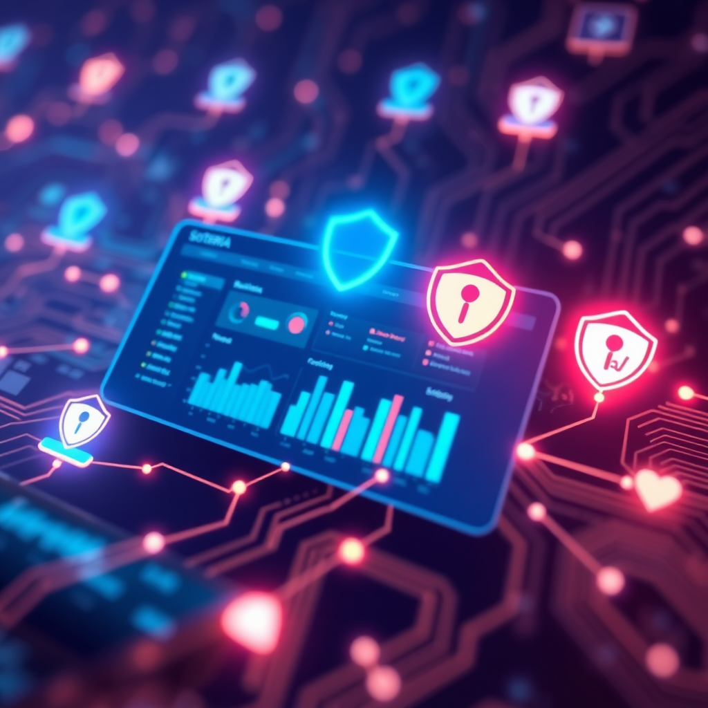 A stylized image representing seamless digital integration, featuring a business dashboard overlayed with security icons and alerts. The composition uses bright, modern colors and glowing lines connecting various devices, symbolizing connectivity. Soft focus highlights the main dashboard, while intricate circuit patterns fill the background, suggesting advanced technology. This visual captures the essence of Soteria AI's integration prowess.